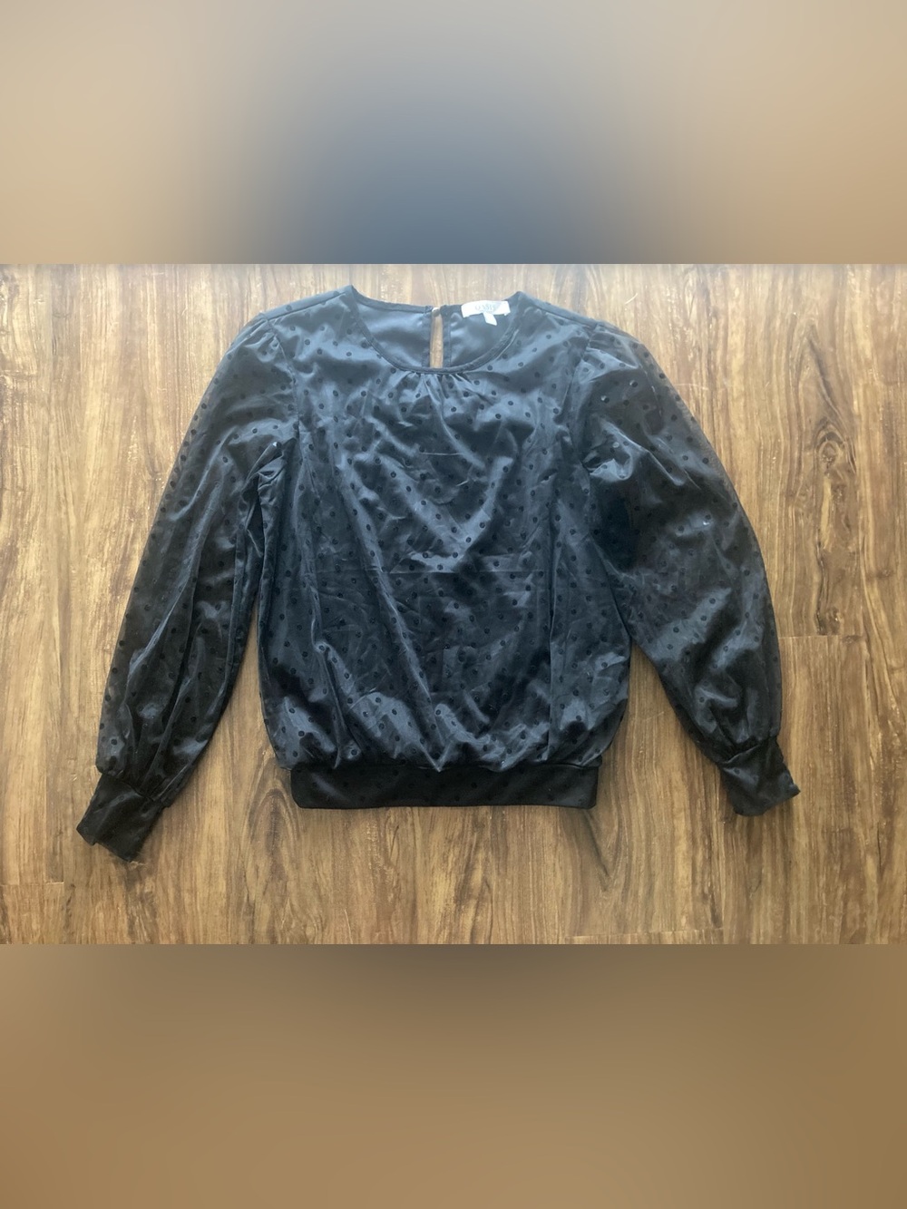 Oasis Black Dotted Semi-Sheer Sleeve Crew Neck Blouse Size Small